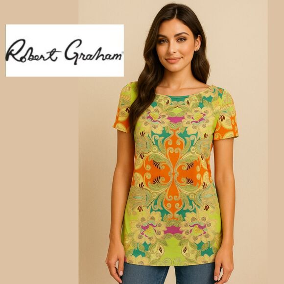 Robert Graham Muli-Color Tencel Blend Short Sleeve Top - Picture 1 of 10